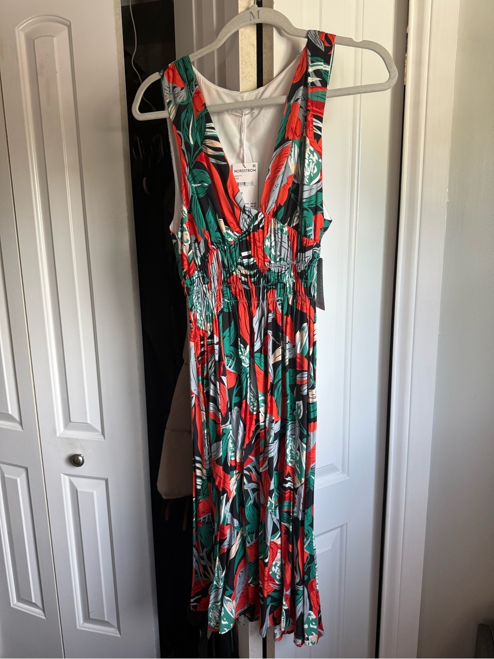 Tropical Print Midi Dress in Red & Green